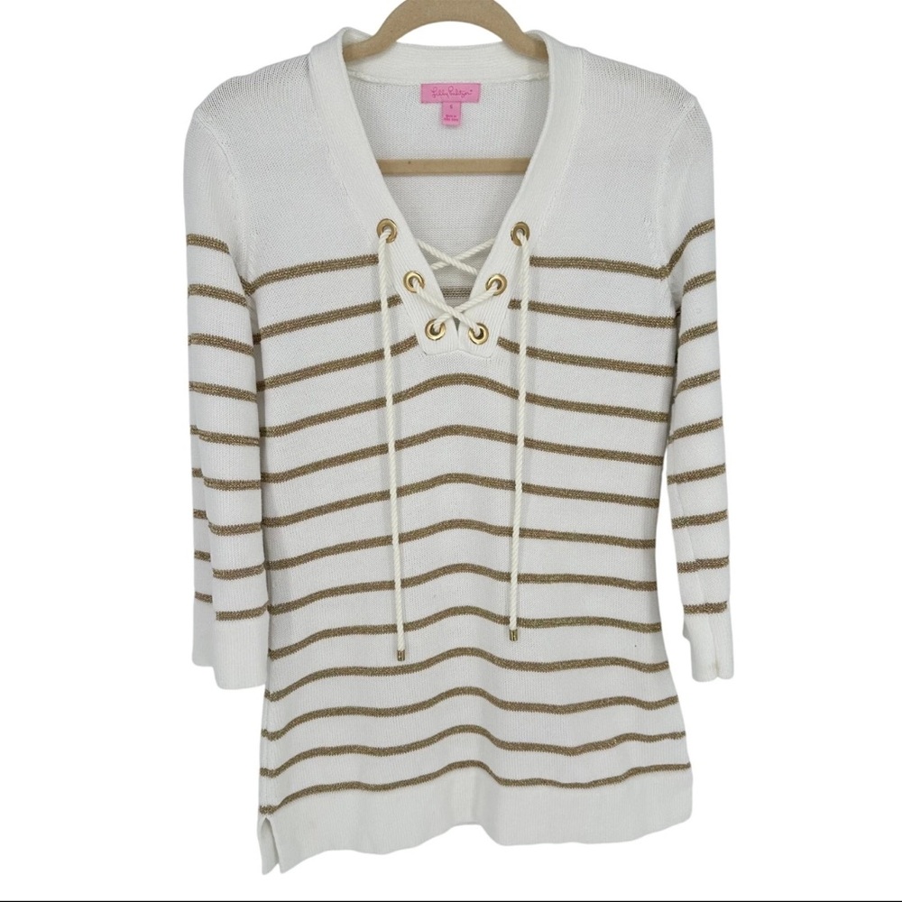 Lilly Pullitzer White and Gold Striped Lace-Up Sweater